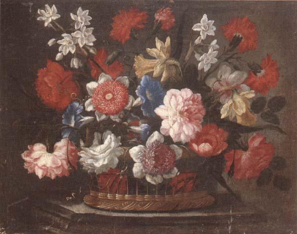 unknow artist Still life of various flowers in a wicker basket,upon a stone ledge France oil painting art